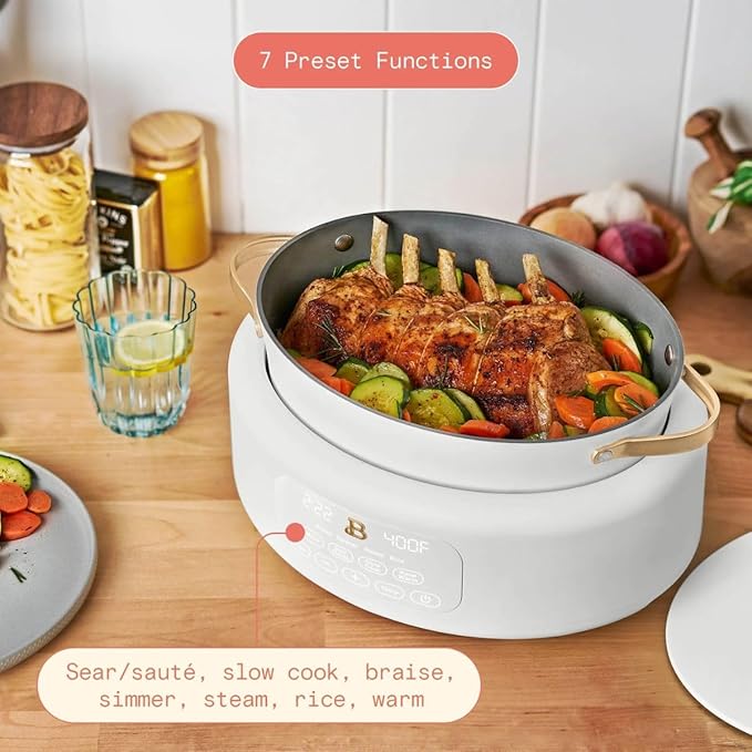 Beautiful 10-in-1 Electric Multi-Cooker, 6-Quart, Digital Display, Non-Stick Pot, One-Touch Control, 10 Cooking Functions (White Icing)