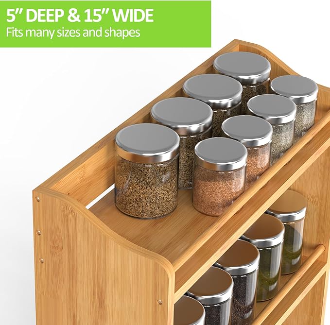 3 Tier Bamboo Spice Rack Organizer, Wood Seasoning Shelf, Spice Jars Storage Rack for Kitchen Countertop or Wall