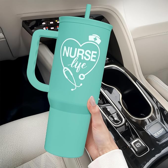 Nurse Gift Tumbler 40oz with Handle and Straw – Nutrition Facts Insulated Stainless Steel Travel Coffee Mug for Nursing Friends - Gifts for Nurse Week, Appreciation, Birthday, Christmas