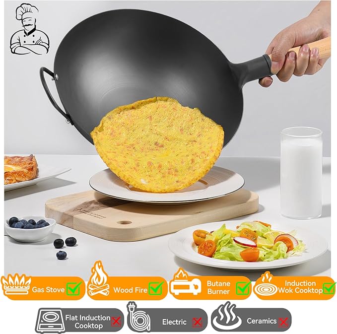 WANGYUANJI 14.2 Inch Round-Bottom Iron Wok, Deep Chinese Stir-Fry Pan (Seasoning Required), Wok Ring Required, Not Flat-Top/Induction — No Lid, No Ring,Wooden Handle, Coating-Free