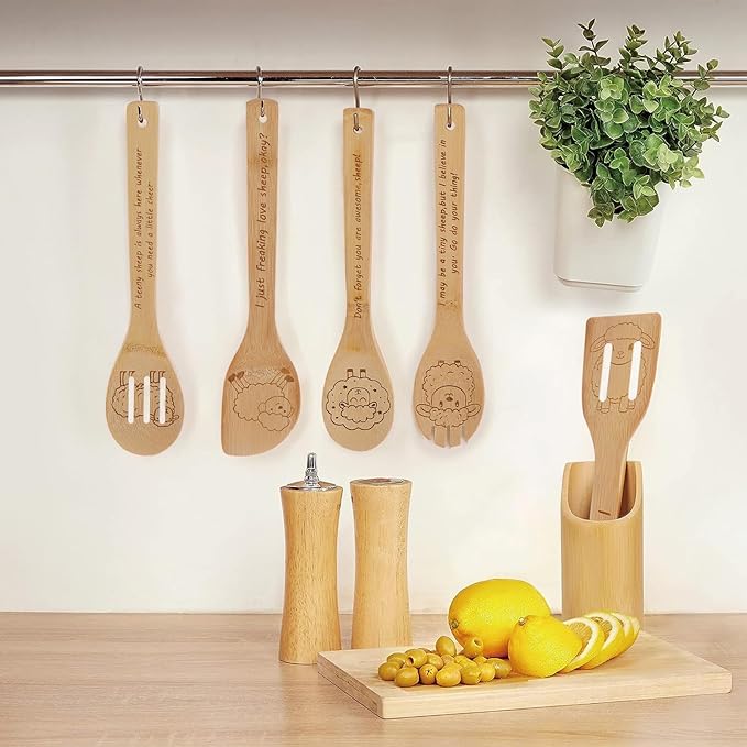 5PCS Sheep Wooden Cooking Spoons Kitchen Decor Sheep Gifts for Women Men Sheep Lovers Birthday Gifts Party Favors Housewarming Wedding Bamboo Cooking Spoons for Everyday Use