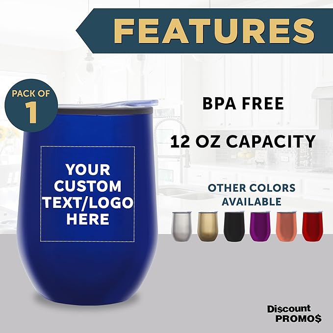 DISCOUNT PROMOS Custom Stemless Wine Tumblers 12 oz. Set of 1, Personalized Bulk Pack - Insulated, Perfect for Wine, Cocktails, Other Hot & Cold Beverages - Blue