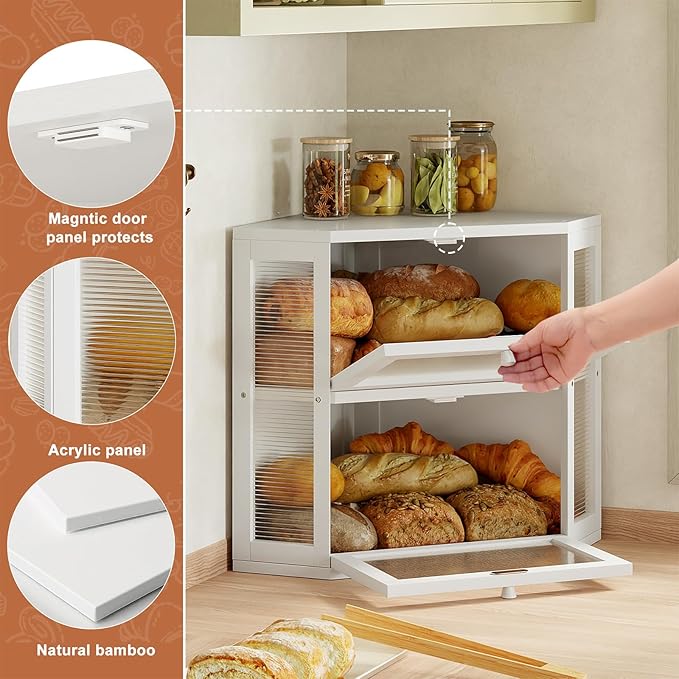 WOWLIVE Corner Bread Box for Kitchen Countertop, Double Layer Bamboo Bread Storage Container, Large Farmhouse Bread box with Acrylic Wavy Door Panel, Under Cabinet Organizer (White, Medium)