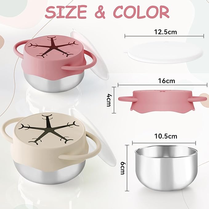 2 Pack 3-in-1 Stainless Steel Snack Containers for Toddlers with Spill-Proof Silicone Lids & Dual Handles - Baby Snack Box, Toddler Snack Cups, Perfect for Healthy Eating (Pink+Warm White)