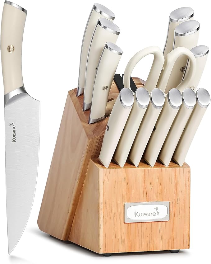 KUISINE Upgraded Knife Set High Carbon Stainless Steel Super Sharp Blade Ergonomic Rivet Handle,Knife Block Set with Built-in Sharpener(Ivory Acacia Pro,15PCS)