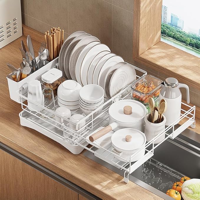 Expandable Over Sink Dish Drying Rack – Foldable Stainless Steel Kitchen Organizer with Utensil Holder, Space-Saving & Rustproof (White)