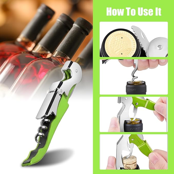 6 Pieces wine key wine opener Professional Waiter Corkscrews Stainless bottle opener Fold Serrated Foil Cutter Key for Family, Company Party,Bars,Restaurants(green)