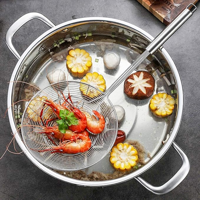 YFWOOD 7 Inch Spider Strainer Skimmer, Reinforced Double Coil Wire Skimmer with Large Handle Solid Stainless Steel Strainer Ladle,for Kitchen Deep Frying Food Spaghetti Noodle (1 - Piece)
