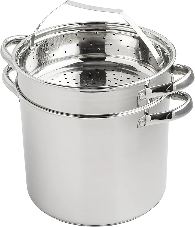 8 Qt 4-Piece Stainless Steel Multipot Set - Stock Pot with Steamer Basket, Colander & Heat-Resistant Glass Lid | Stay-Cool Handles, Durable Cookware for Large Gatherings & Daily Cooking