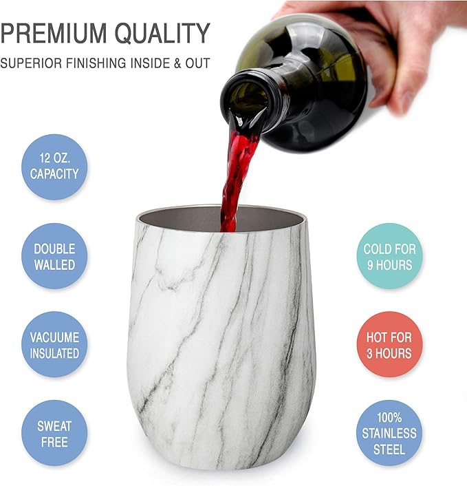 CHILLOUT LIFE 12 oz Stainless Steel Wine Tumblers 2 Pack & 1 Insulated Wine Bottle - Double Wall Vacuum Insulated Wine Glasses Cups with Lids and Straws Set Keeping Cold & Hot Gift Set