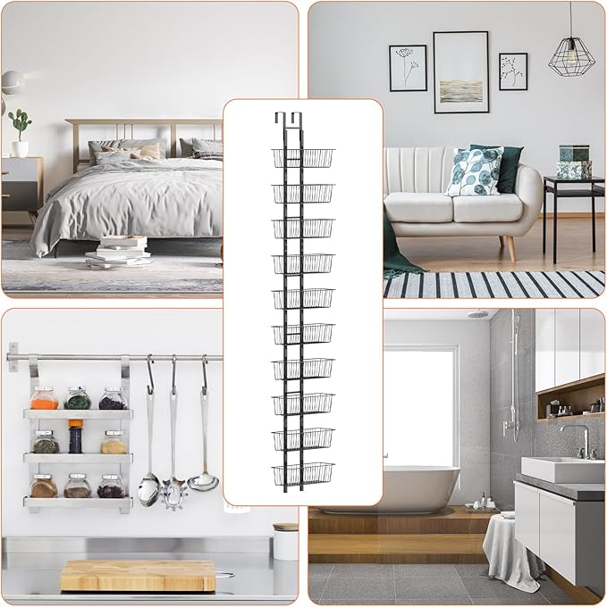 10 Tier Over the Door Pantry Organizer, Over the Door Organizer with Adjustable Baskets, Metal Hanging Door Pantry Organizers and Storage for Kitchen Bathroom Bedroom, Black