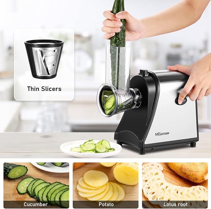 Electric Cheese Grater for Block Cheese, 5 Different Shapes of Blades for Slicing/Shredding/Grating, 250W Automatic Cheese Shredder Vegetable Slicer with One-Touch Control for Fruits, Nuts