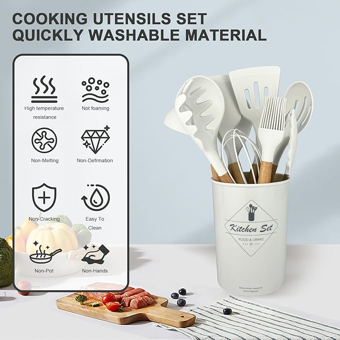 Silicone Cooking Utensils Kitchen Utensil Set - 446°F Heat Resistant Silicone Kitchen Utensils Set, Spatula,Turner Tongs, Spoon, Brush, Whisk,Kitchen Gadgets for Nonstick Cookware, BPA Free (White)