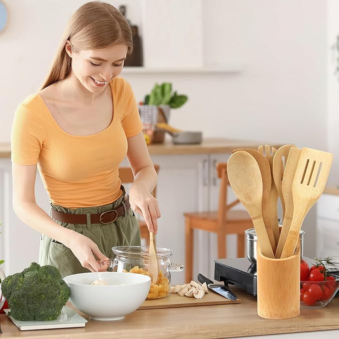 Wooden Spoons for Cooking 6 Piece - Wooden Cooking Utensil Set Nonstick Bamboo Cooking Spoons & Spatula Premium Kitchen Utensils Set Christmas Housewarming Gifts