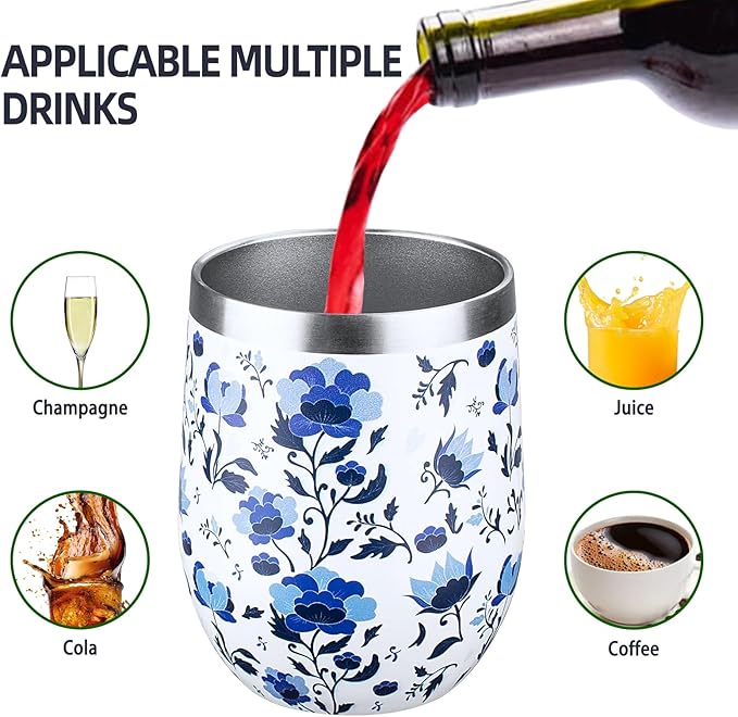 12 oz Insulated Wine Tumbler with Lid and Straw,Stainless Steel Stemless Wine Tumbler Glasses Double Wall Vacuum Wine Cups Tumbler Bulk for Coffee,Cocktail,Office（Blue and White Porcelain,1）