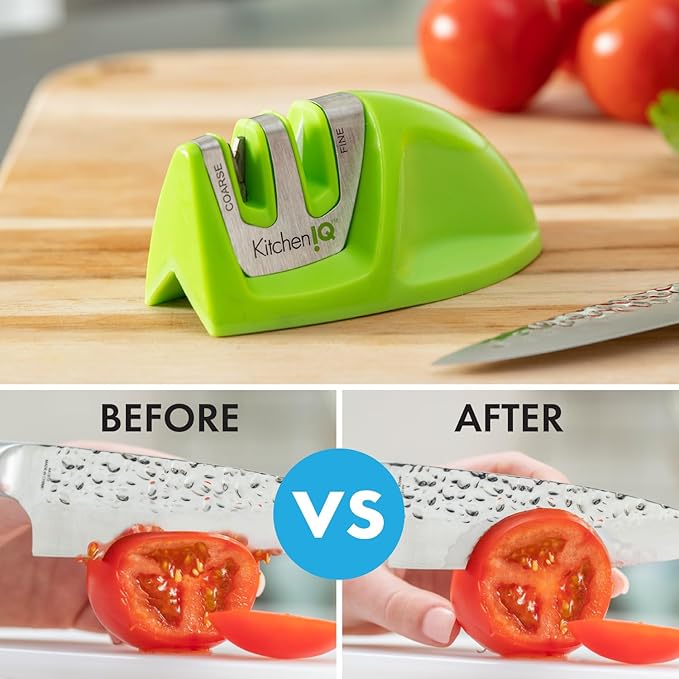 KitchenIQ 50881 - Edge Grip 2-Stage Knife Sharpener - Green - Coarse & Fine Sharpeners -Compact for Easy Storage - Stable Non-Slip Base - Soft Grip Rubber Handle - Straight & Serrated Knives