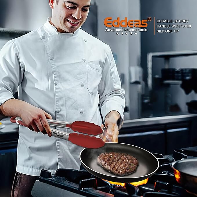 Tongs For Cooking - 7",9" and 12 inch Kitchen Tong with Silicone Tip,Heat Resistant 600 Degrees Metal Locking Tongs - for cooking,Salad and Barbecue,Red Set of 3