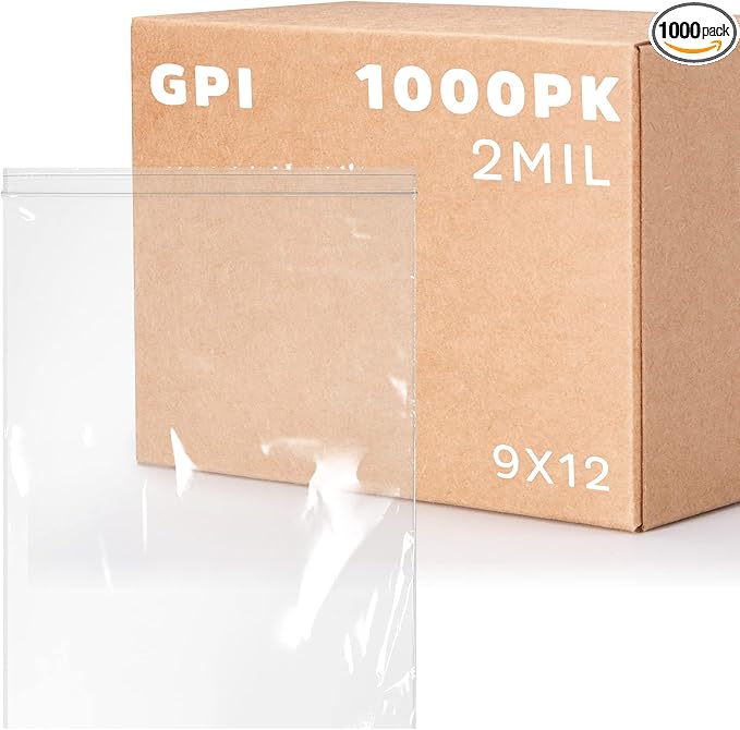 GPI - 9" x 12" Zip Bags, 1000 Count, 2 Mil, Clear Plastic Reclosable Zipper Poly Baggies, with Resealable Lock Seal. for A4 Letter Size Paper, Apparel, Clothing, Food, Home & Office Supplies.