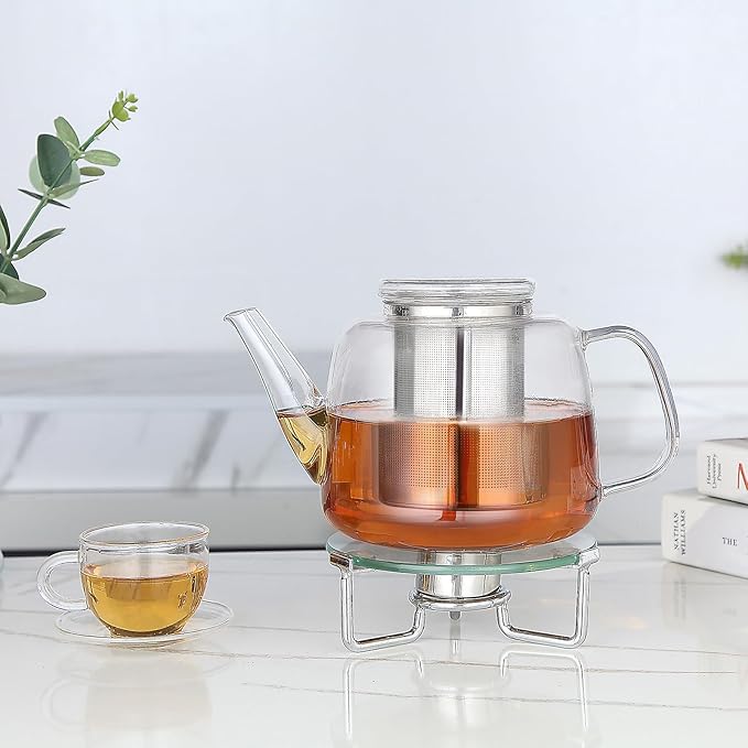 Easyworkz Borosilicate Glass Teapot 50oz with Large Stainless Steel Removable Loose Tea Infuser for Fruit Herbal and Infusion