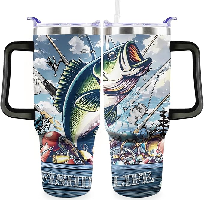 Fishing Gifts For Men 40oz Fishing Travel Tumbler for Fishings Lover Fathers Day Fishings Gift For Dad Grandpa Husband as Christmas Birthday Presents Lover Cup With Handle