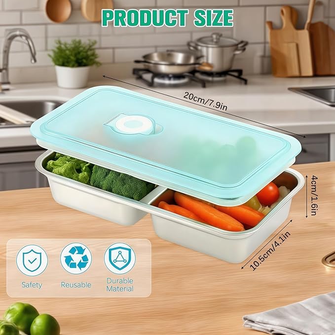 Stainless Steel Snack Containers,2-Pack Stainless Steel Snack Containers with Lids, Reusable Dual Compartment Food Storage Box - Ready to Use for Salad, Lunch, Travel & Outdoor Camping (1)