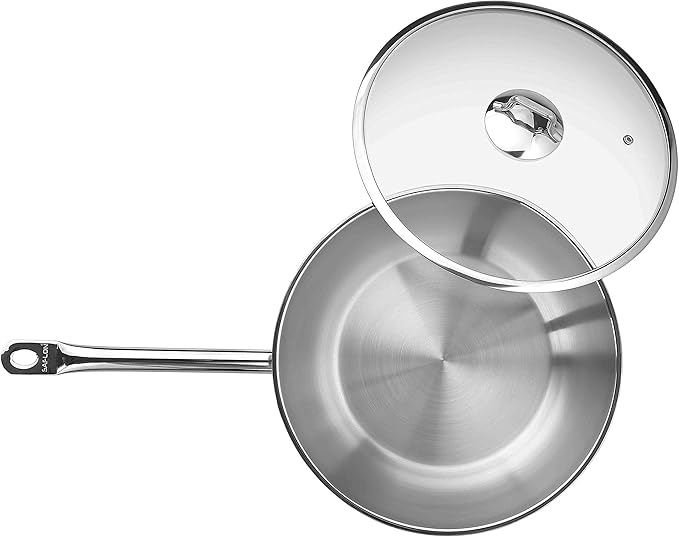SAFLON Stainless Steel Tri-Ply Capsulated Bottom 12 Inch Stir Fry Pan with Glass Lid, Induction Ready, Oven and Dishwasher Safe
