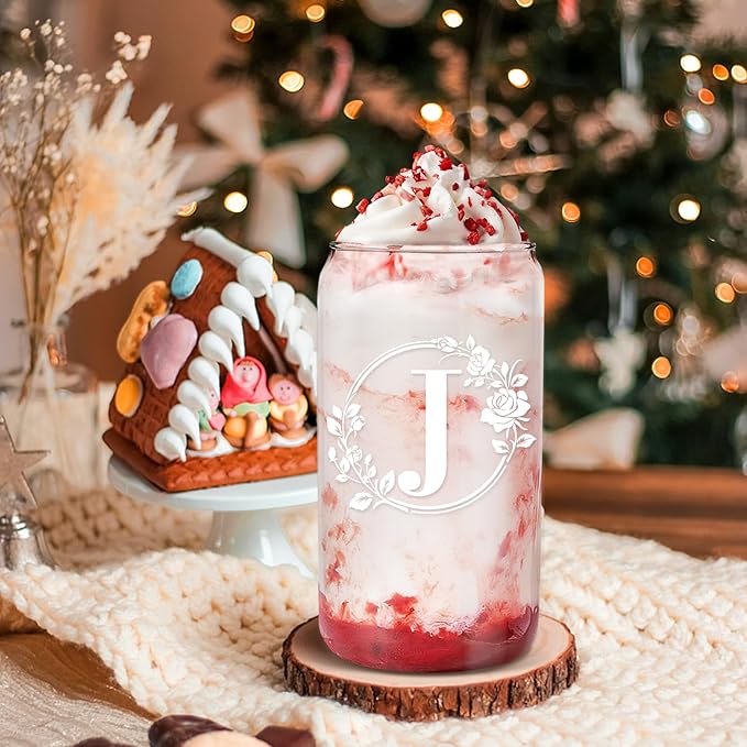 Birthday Gifts for Women, Monogrammed Initial Glass Personalized Gifts for Women, 16oz Glass Cups with Lids and Straws, Iced Coffee Cup, Beer Can Shaped Glass - Personalized Christmas Gifts J