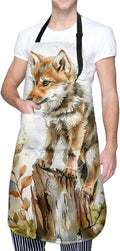 Cute Wolf Pup Apron, Kitchen Cooking Baking Adjustable Polyester Watercolor Forest Aprons for Women Men, with 2 Pockets, 28×33in, Ideal Gifts for Wife, for Chef Gardening Grilling Cleaning