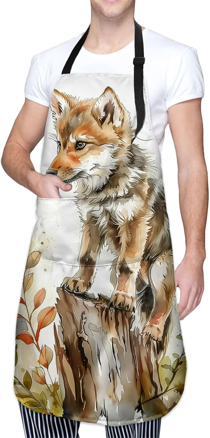 Cute Wolf Pup Apron, Kitchen Cooking Baking Adjustable Polyester Watercolor Forest Aprons for Women Men, with 2 Pockets, 28×33in, Ideal Gifts for Wife, for Chef Gardening Grilling Cleaning