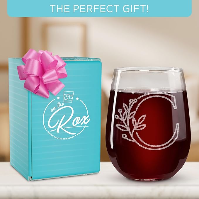On The Rox Drinks Monogrammed Gifts For Women and Men - Letter A-Z Initial Engraved Monogram Stemless Wine Glass - 17 Oz Personalized Wine Gifts For Women and Men (C)