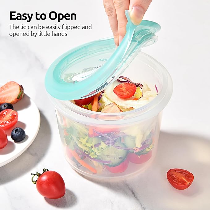 U-Taste 2 Cup Silicone Food Container: Meal Prep Kitchen Storage with Airtight Lid, Freezer & Microwave Safe, Lunch Box with Date Marking Circle, Clear Stackable for Portion Control (2-PC, Aqua Sky)