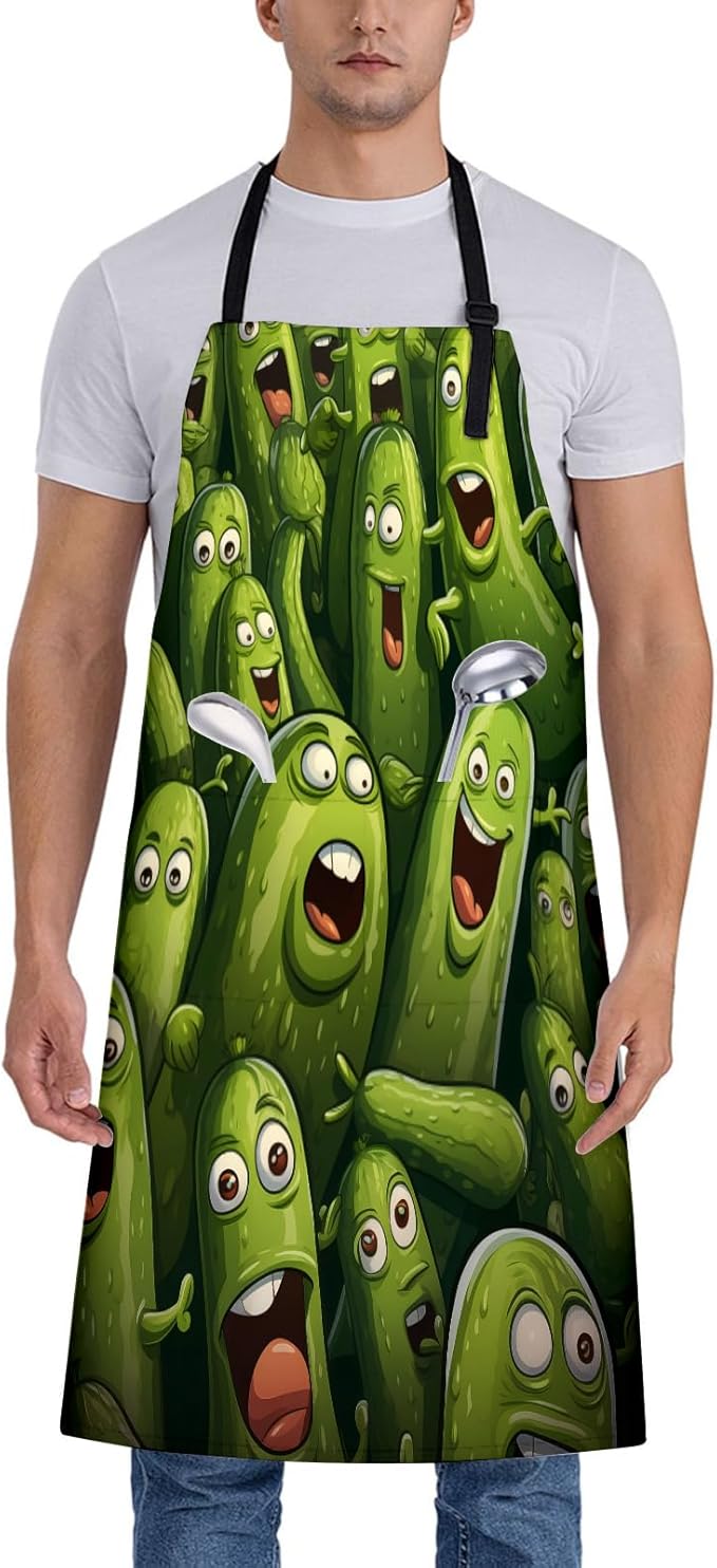 Pickle Apron for Women, 28x33in, Kitchen Chef Aprons with 2 Pockets, Polyester, Funny Cartoon Pickles Apron for Cooking BBQ Baking Gardening Chef, Gifts for Mom Wife Dad