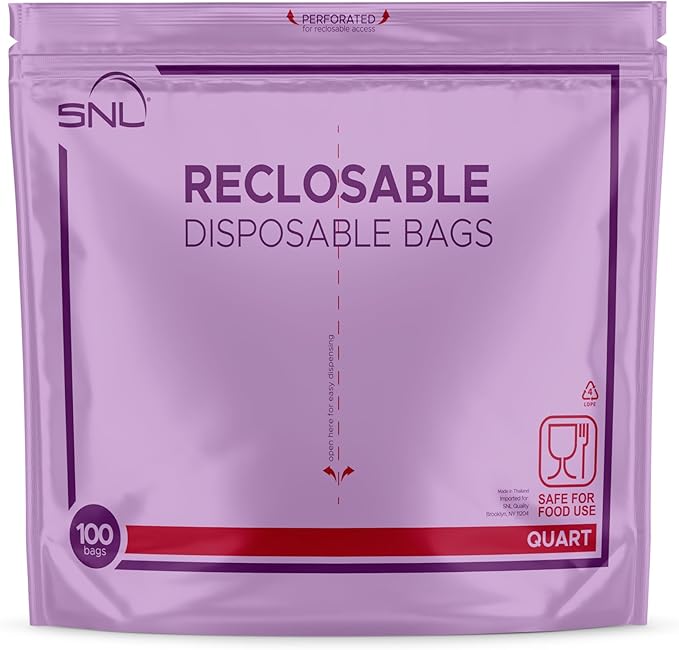 Quart Food Bags by SNL -200 Bags- Leak-Proof, Clear, Write-On Block, Reclosable, Disposable Storage Bags, Double Seal Zippers with Clicking Noise Zip Confirmation, Stand-Alone Gusset, Easy Dispensing