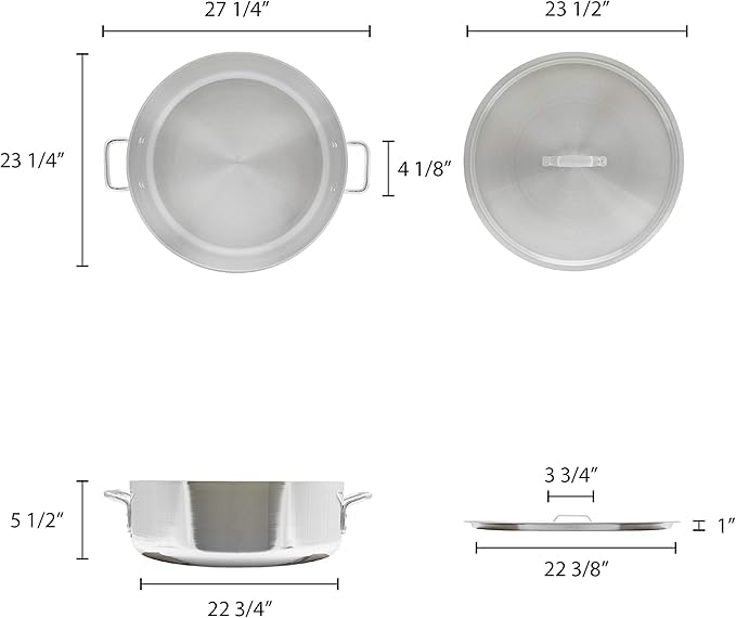 Thunder Group ALSKBP008 Brazier Pot, 40 quart capacity, with cover, 6 mm thick, extra heavy, flat bottom, aluminum, mirror-finish, NSF