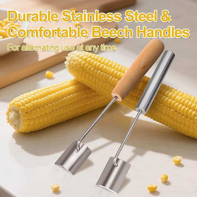 Corn Peeler for Corn on the Cob, 2025 Upgraded Wooden and Stainless Steel Handle Corn Stripper for Corn on the Cob, Corn Cob Stripping Tool Easy to Clean for Home Kitchen and Outdoor Cooking (2 Pcs)