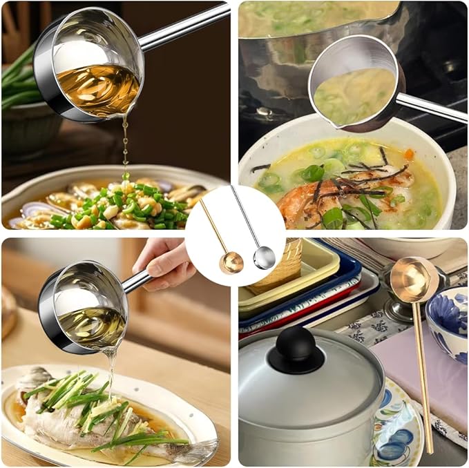 2 PCS Small Soup Ladle SUS304 Stainless Steel Metal Deep Spoon With Pour Spout for Serving Soups, Gravy and More（Gold + Silver）