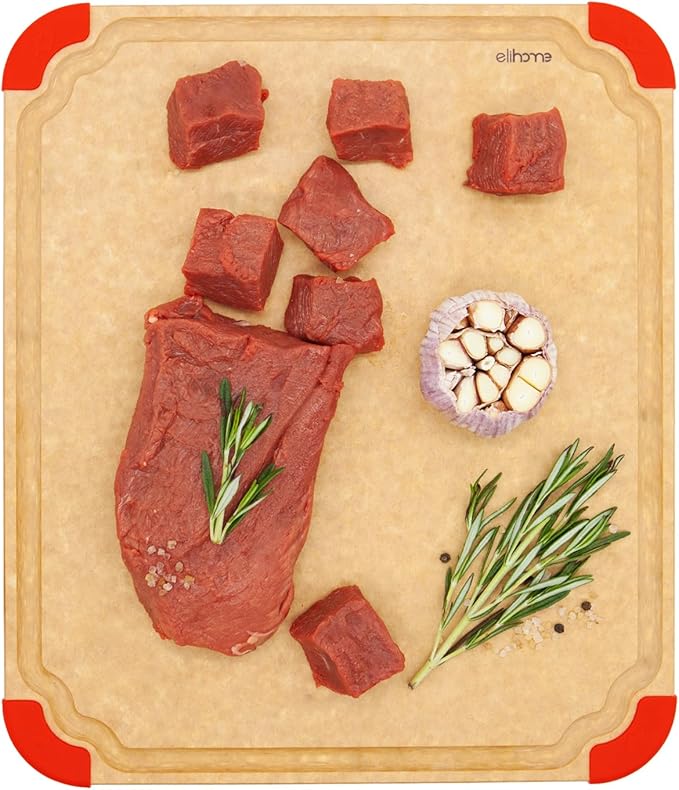 Elihome Premium Series Color Code Wood Fiber Dishwasher Safe Cutting board for Kitchen, Made in USA, Food Icon, Juice Grooves, Non-Porous, Non-slip Feet,Large 16" x 12"