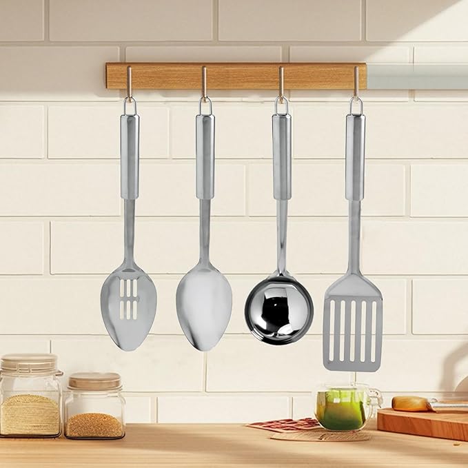 4 Pack Stainless Steel Cooking Utensils Set, Kitchen Utensils Set, Slotted Spoon, Soup Ladle, Serving Spoon and Slotted Spatula, Ergonomic Handle, Dishwasher Safe