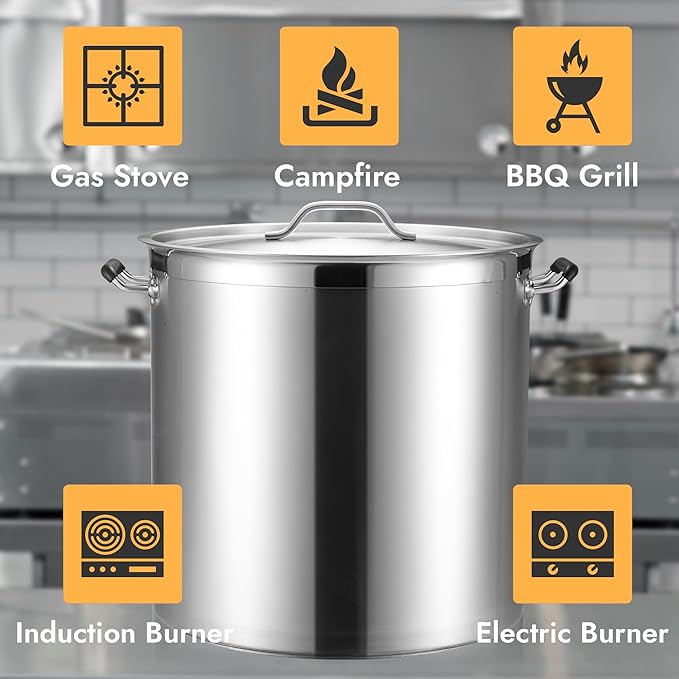 CURTA 75 Quart Large Stock Pot with Lid, NSF Listed, 3-Ply Clad Base, 18/8 Stainless Steel Cooking Pot, Commercial Cookware, Induction Ready, 17.7"D x 18.7"W x 17.7"H
