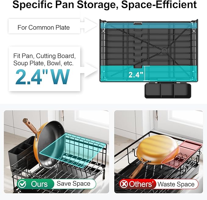 GSlife Expandable Dish Drying Rack - Small 2-in-1 Dish Racks for Kitchen Counter and Sink, Compact Dish Rack with 2 Pan Slot & High Raised Edges for RV and Apartment, 18.7"-11.4" L x 15.6" W, Black