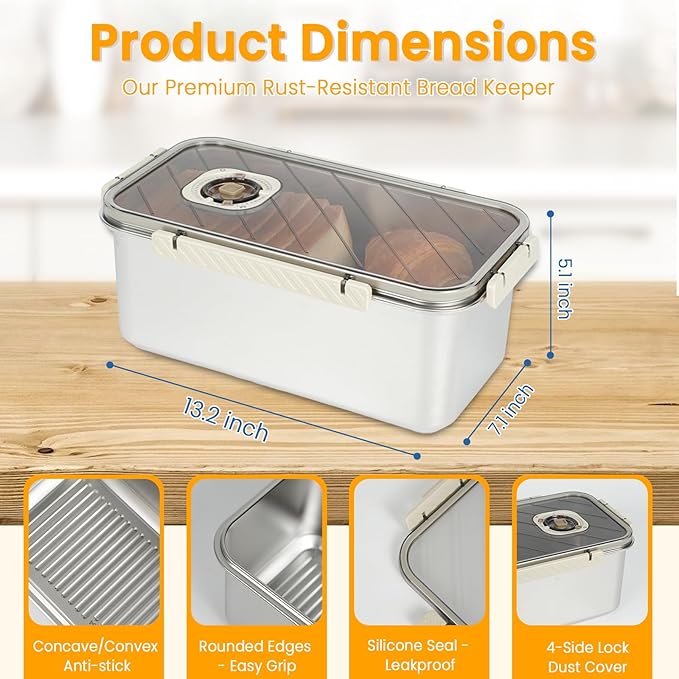 Large Bread Container: Time Recording Bread Storage Container with Lid, Stainless Steel Bread Box, Bread Storage Solution, Airtight Bread Box, Dishwasher Safe (Silver-White)