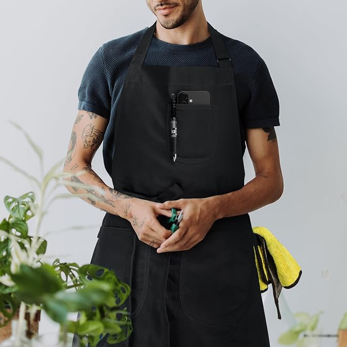 Unisex Apron with Pockets for Cooking, Salon & Art - 100% Cotton Adult Kitchen, Chef, Stylist Apron (Black)