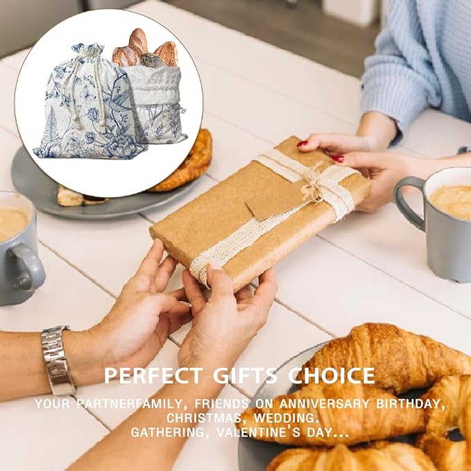 UTELKA Blue Linen Bread Bag for Sourdough Bread 2Pcs, Chinoiserie Reusable Beeswax Homemade Bread Bags for Baker Mom Women Kitchen Housewarming Gifts, Cloth String Storage Bread Box 16.5x12