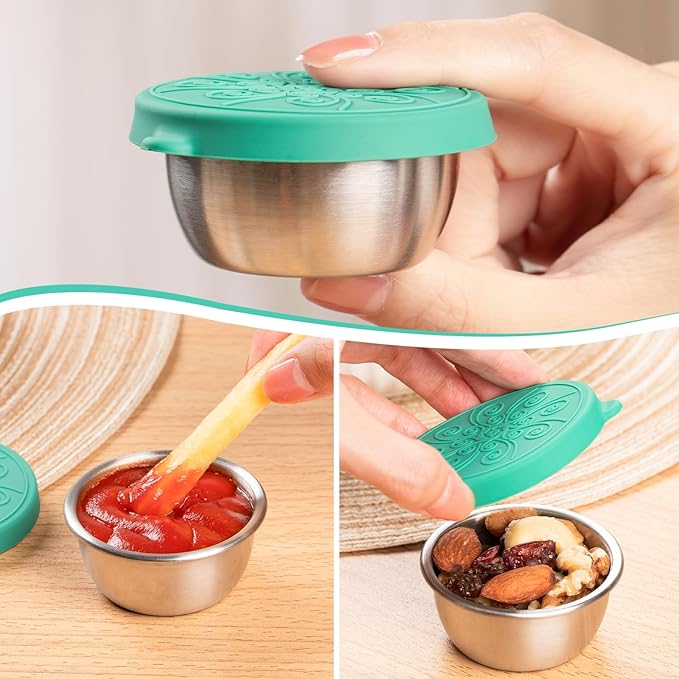 8-Pack Salad Dressing Container To Go, 2-oz Silicone Small Condiment Squeeze Bottles and 1.6 oz Stainless Steel Sauce Containers Cups, Leakproof Condiment Containers with Lids for Lunch Box