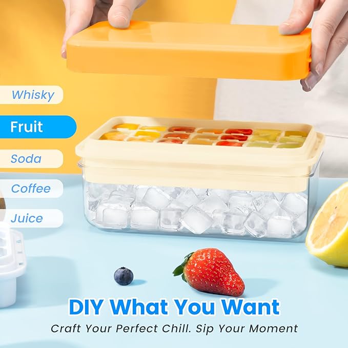 PHINOX Ice Cube Tray with Lid and Bin, Ice Trays for Freezer, Flexible Ice Cube Trays, Making 56 pcs Ice Cubes, Chilling Cocktail, Whiskey, Coffee, with 2 trays, Ice Container, Scoop&Cover, BPA Free