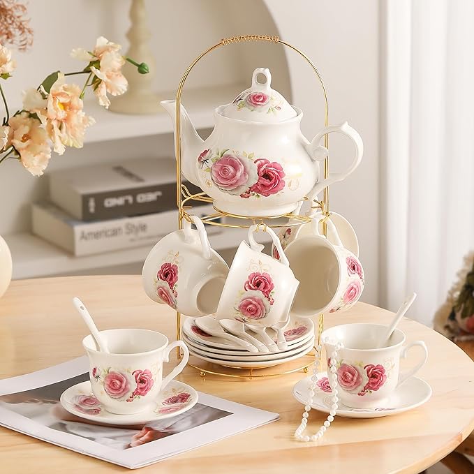 20-Pieces Porcelain Tea Sets For Women, Tea Set For Adult with Golden Metal Rack,Tea Gift Sets for Home&Party(014)