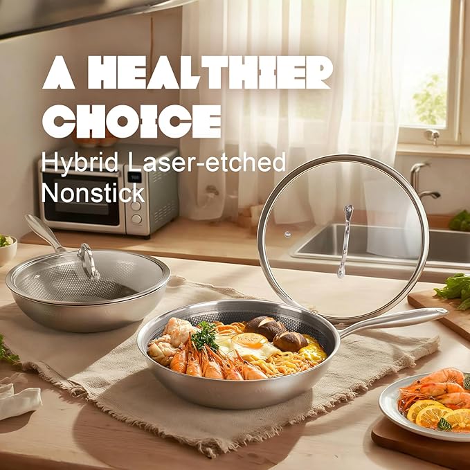 Hybrid Wok, 12 inch Wok with lid,Stainless Steel woks & Stir-fry pans Non Stick, PFOA Free Cookware, Dishwasher and Oven Safe, Compatible With Induction