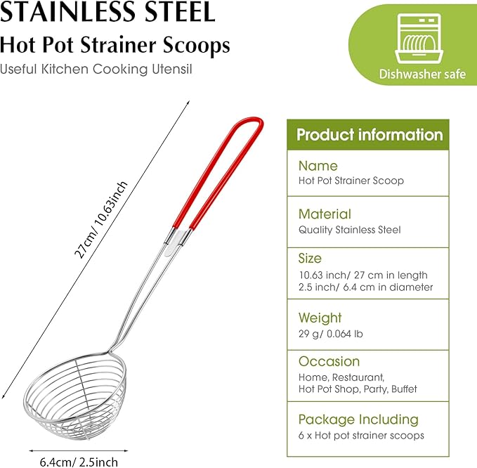 Geiserailie 6 Pieces 6 Pieces Hot Pot Kit Strainer Scoops Stainless Steel 2.5 Inch Mini Spider Strainer Skimmer Pasta Mesh Spoon Asian Skimmer Spoon Ladle with Handle for Home (Red)
