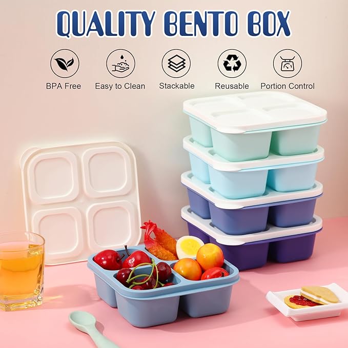 Honeydak 5 Pack Snack Containers 4 Compartment Bento Snack Boxes Reusable Lunchable Containers with Lids Divided Meal Prep Lunch Food Storage Box for School Work Travel(Blue Ombre,Equal)