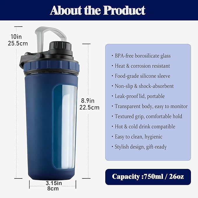 Glass Shaker Cup Odorless BPA Free– Glass Shaker Bottle for Protein 26oz Durable Borosilicate Glass, Leak-Proof & BPA-Free – Ideal for Creamy Protein Shakes, Smoothies & Workout Drinks(Navy Blue)